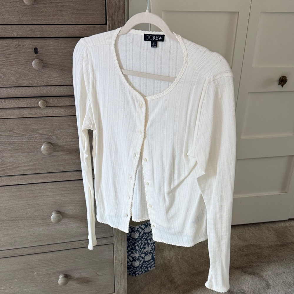 J. Crew Ivory Cotton Pointelle Button-Up Cardigan